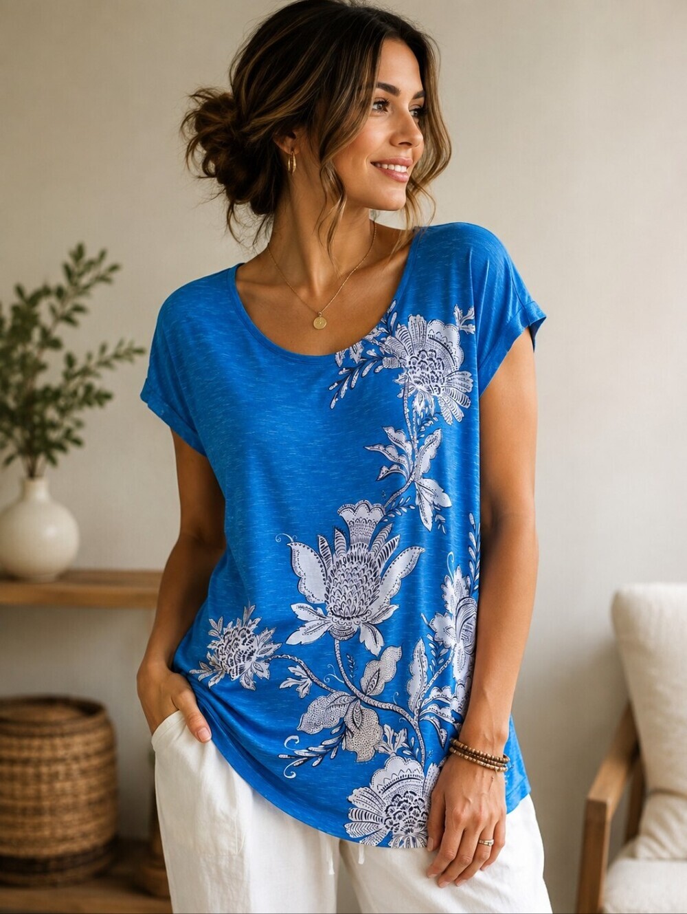 W62 Westport 1962 | Blue & White Floral Scoop Neck Top, Size L